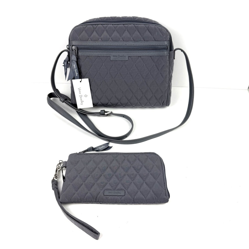 Vera Bradley Trimmed Crossbody Bag WITH Wallet Carbon Gray Microfiber NWT - Picture 1 of 16